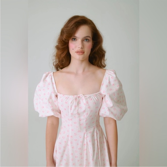 Selkie Parfait Poet Pink White Floral Midi Day Dress Puff Sleeves XXS - Picture 4 of 15